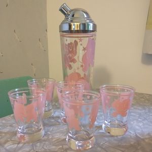 Hazel Atlas Pink Dancing Elephant Cocktail Set